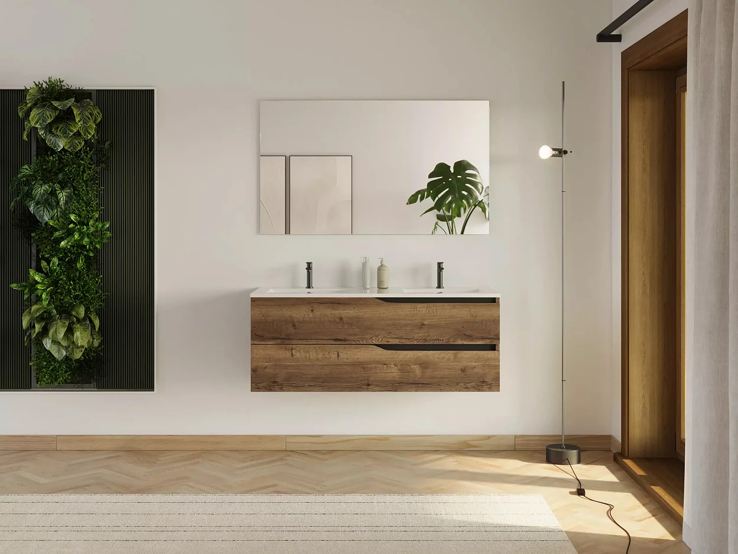 Meuble de salle de bain 120cm avec plan double vasque - 2 tiroirs - tabaco (chêne foncé) - LUNA