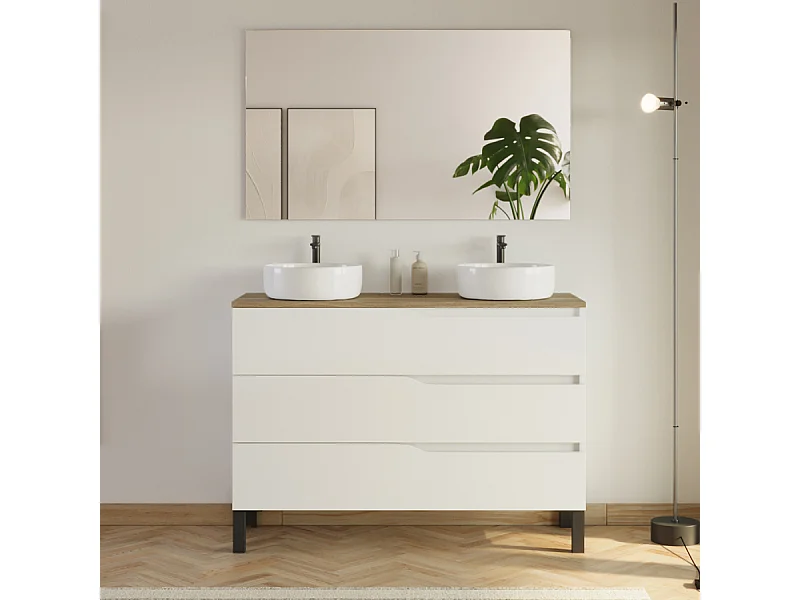 Meuble de salle de bain 120cm avec plateau miel et 2 vasques à poser Ares - 3 tiroirs - blanc - MATA