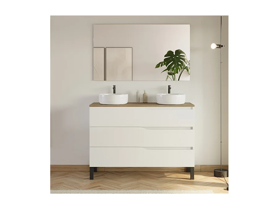 Meuble de salle de bain 120cm avec plateau miel et 2 vasques à poser Ares - 3 tiroirs - blanc - MATA