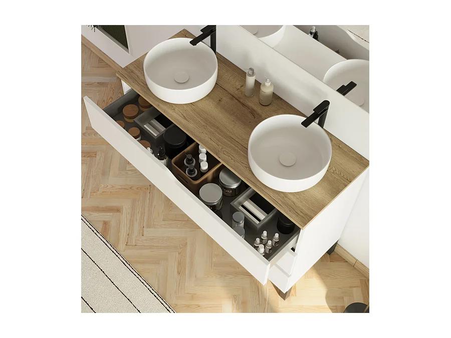 Meuble de salle de bain 120cm avec plateau miel et 2 vasques à poser Ares - 3 tiroirs - blanc - MATA