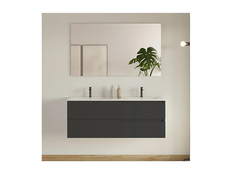 Meuble de salle de bain 120cm avec plan double vasque - 2 tiroirs - noir - LUNA