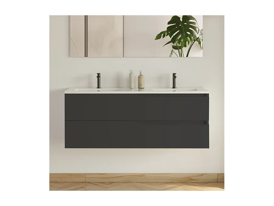 Meuble de salle de bain 120cm avec plan double vasque - 2 tiroirs - noir - LUNA