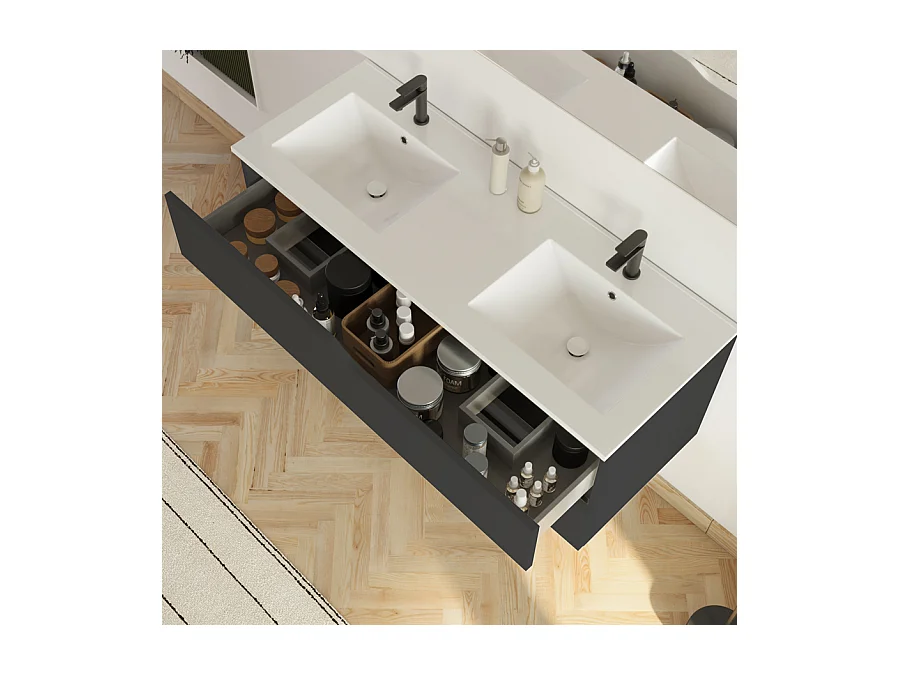 Meuble de salle de bain 120cm avec plan double vasque - 2 tiroirs - noir - LUNA