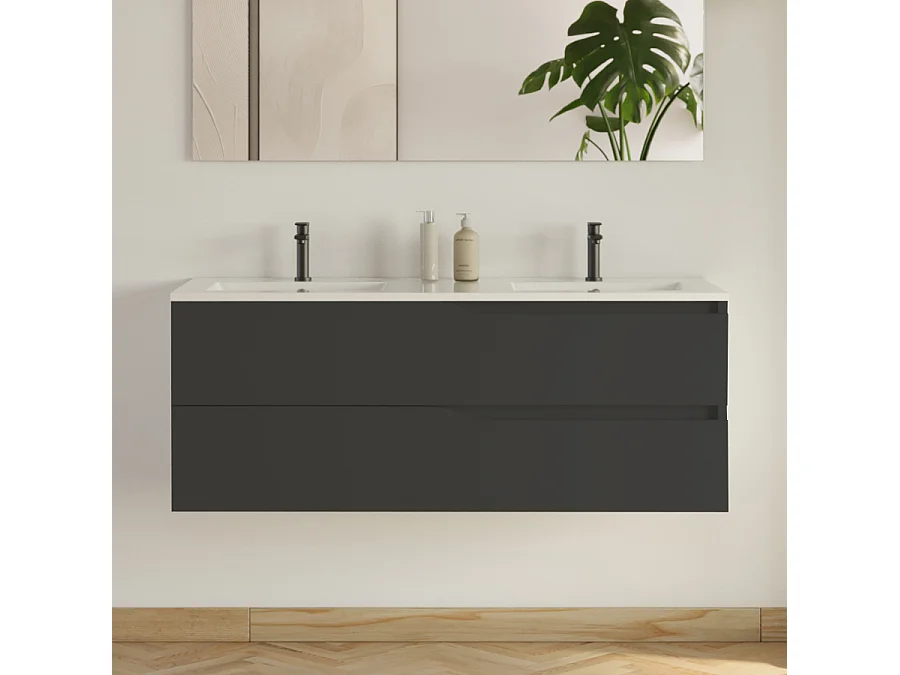 Meuble de salle de bain 120cm avec plan double vasque - 2 tiroirs - noir - LUNA