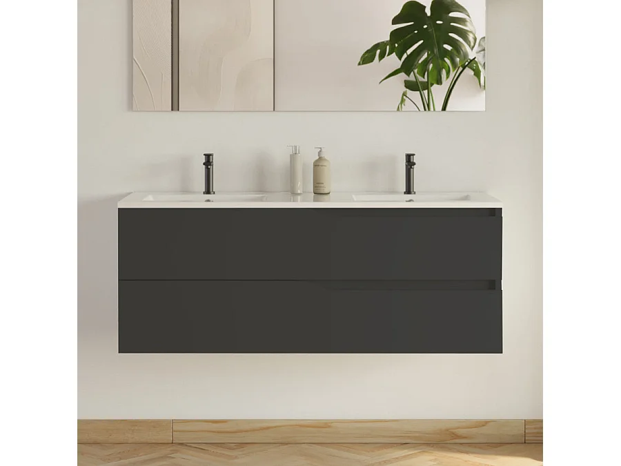 Meuble de salle de bain 120cm avec plan double vasque - 2 tiroirs - noir - LUNA