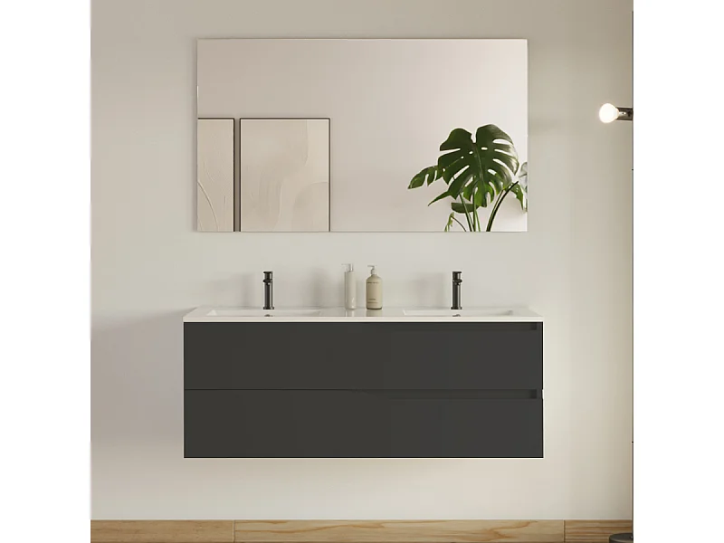 Meuble de salle de bain 120cm avec plan double vasque - 2 tiroirs - noir - LUNA