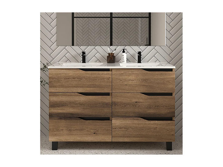 Meuble de salle de bain 140cm double vasque - 6 tiroirs - tabaco (bois foncé) - MATA