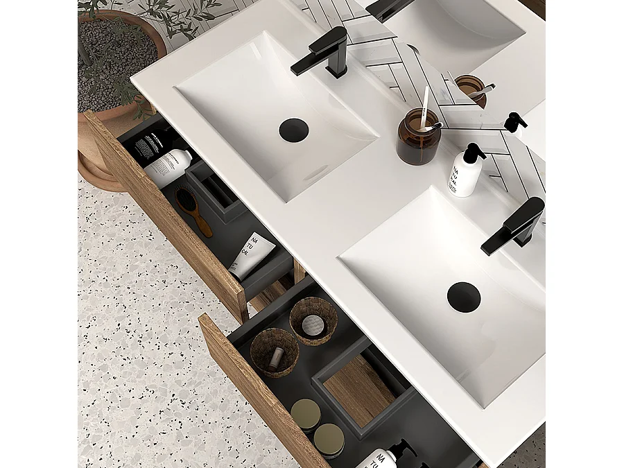 Meuble de salle de bain 140cm double vasque - 6 tiroirs - tabaco (bois foncé) - MATA