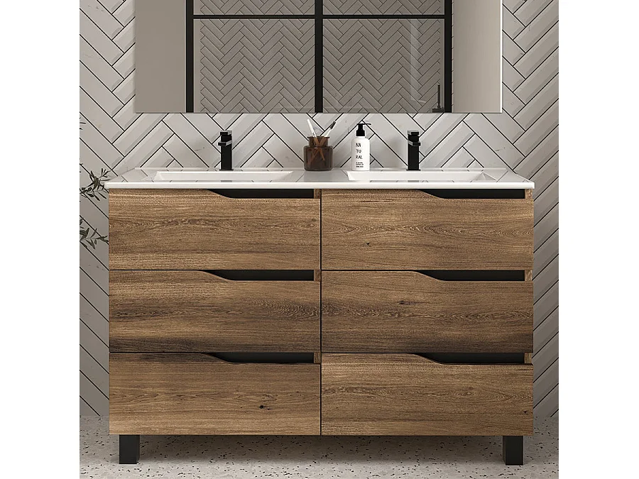 Meuble de salle de bain 140cm double vasque - 6 tiroirs - tabaco (bois foncé) - MATA