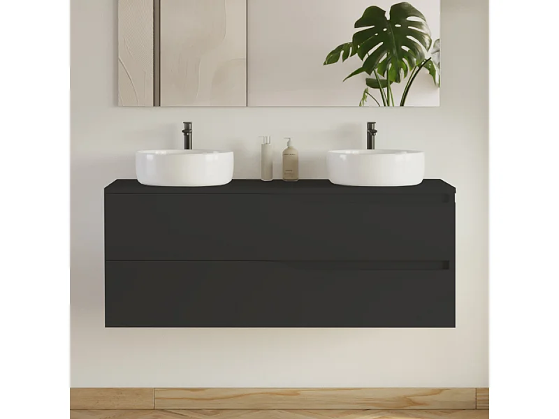 Meuble de salle de bain 120cm avec plateau et 2 vasques à poser Ares - 2 tiroirs - sans miroir - noir - LUNA