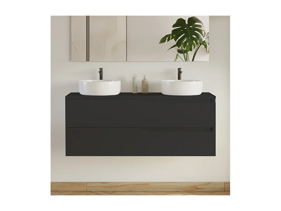 Meuble de salle de bain 120cm avec plateau et 2 vasques à poser Ares - 2 tiroirs - sans miroir - noir - LUNA