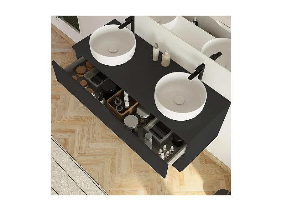 Meuble de salle de bain 120cm avec plateau et 2 vasques à poser Ares - 2 tiroirs - sans miroir - noir - LUNA