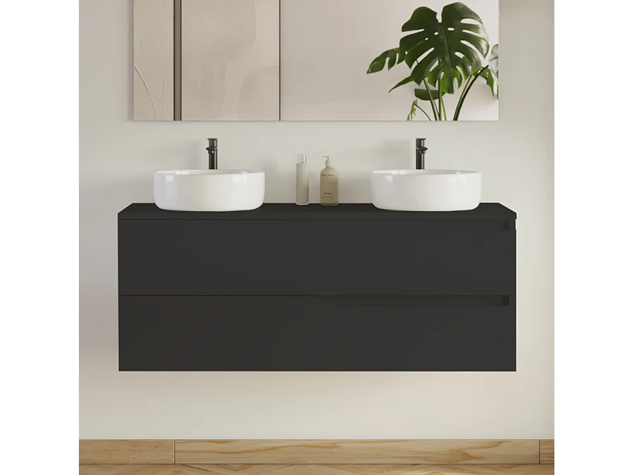 Meuble de salle de bain 120cm avec plateau et 2 vasques à poser Ares - 2 tiroirs - sans miroir - noir - LUNA