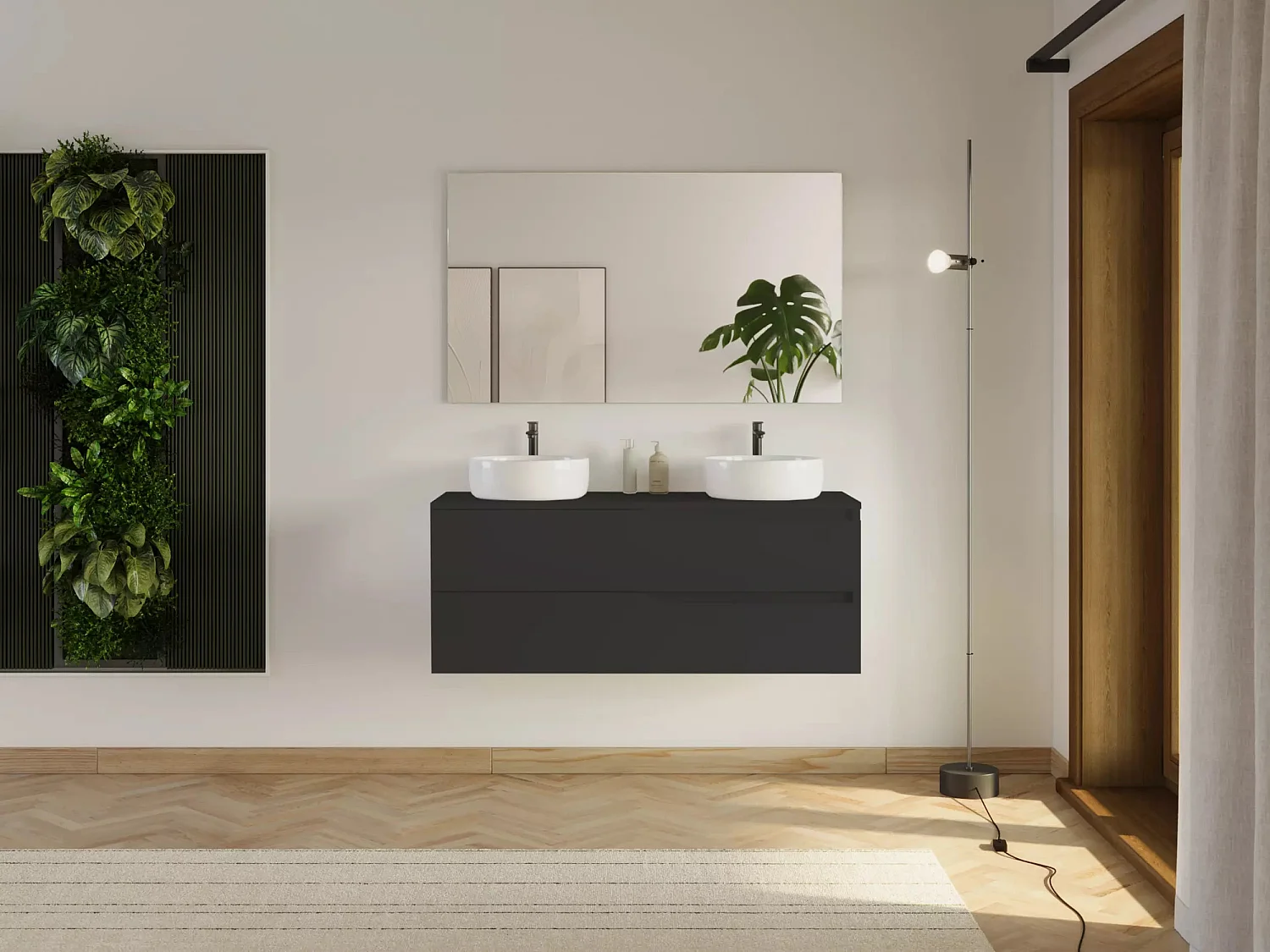 Meuble de salle de bain 120cm avec plateau et 2 vasques à poser Ares - 2 tiroirs - sans miroir - noir - LUNA