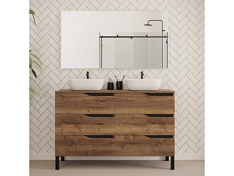 Meuble de salle de bain 120cm avec plateau et deux vasques à poser zeus - 6 tiroirs - tabaco (chêne foncé) - MATA