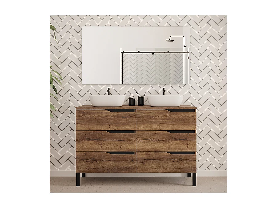 Meuble de salle de bain 120cm avec plateau et deux vasques à poser zeus - 6 tiroirs - tabaco (chêne foncé) - MATA