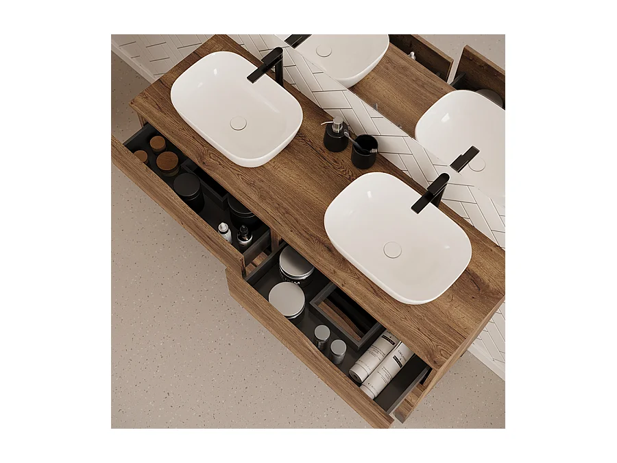 Meuble de salle de bain 120cm avec plateau et deux vasques à poser zeus - 6 tiroirs - tabaco (chêne foncé) - MATA