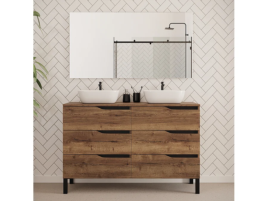 Meuble de salle de bain 120cm avec plateau et deux vasques à poser zeus - 6 tiroirs - tabaco (chêne foncé) - MATA
