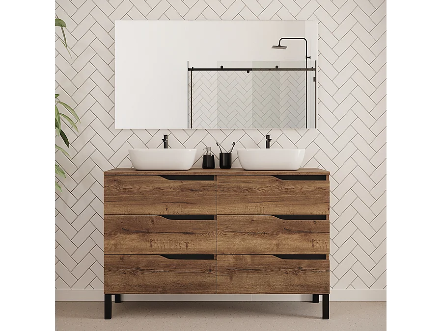 Meuble de salle de bain 120cm avec plateau et deux vasques à poser zeus - 6 tiroirs - tabaco (chêne foncé) - MATA