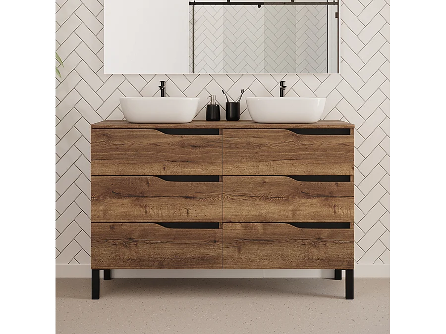 Meuble de salle de bain 120cm avec plateau et deux vasques à poser zeus - 6 tiroirs - tabaco (chêne foncé) - MATA