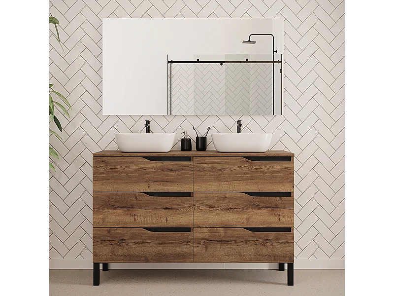 Meuble de salle de bain 120cm avec plateau et deux vasques à poser zeus - 6 tiroirs - tabaco (chêne foncé) - MATA