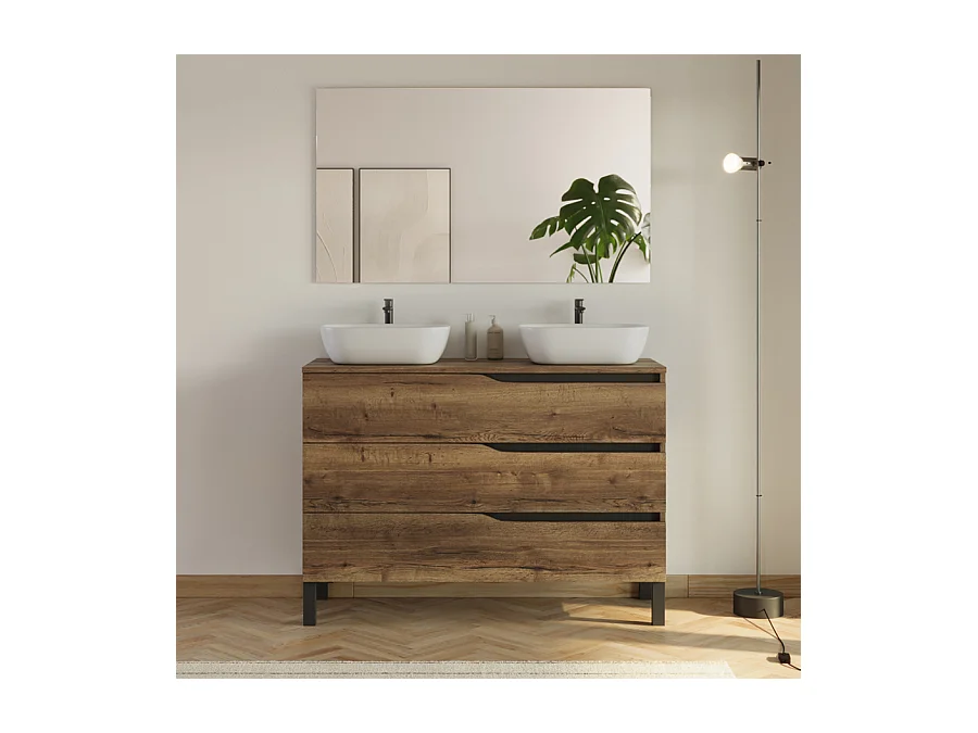 Meuble de salle de bain 120cm avec plateau et 2 vasques à poser Zeus - 3 tiroirs - tabaco (chêne foncé) - MATA