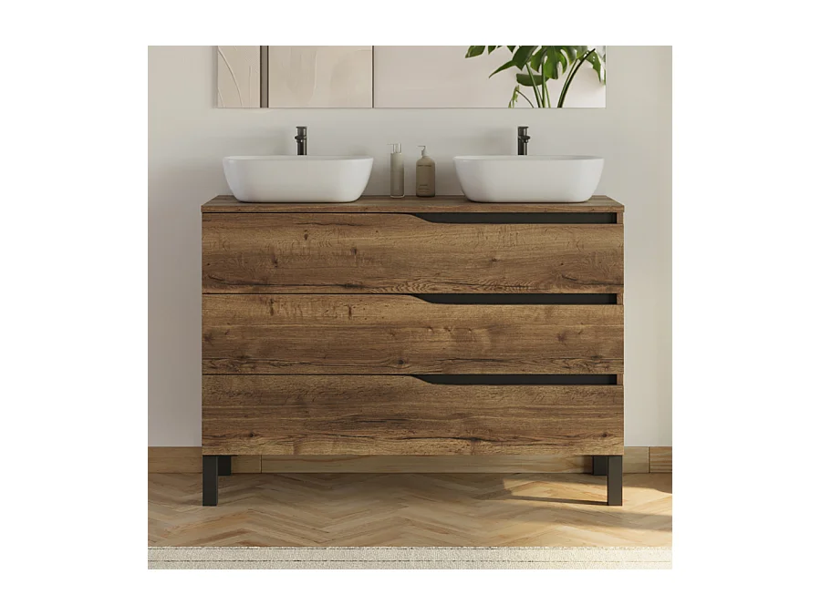 Meuble de salle de bain 120cm avec plateau et 2 vasques à poser Zeus - 3 tiroirs - tabaco (chêne foncé) - MATA