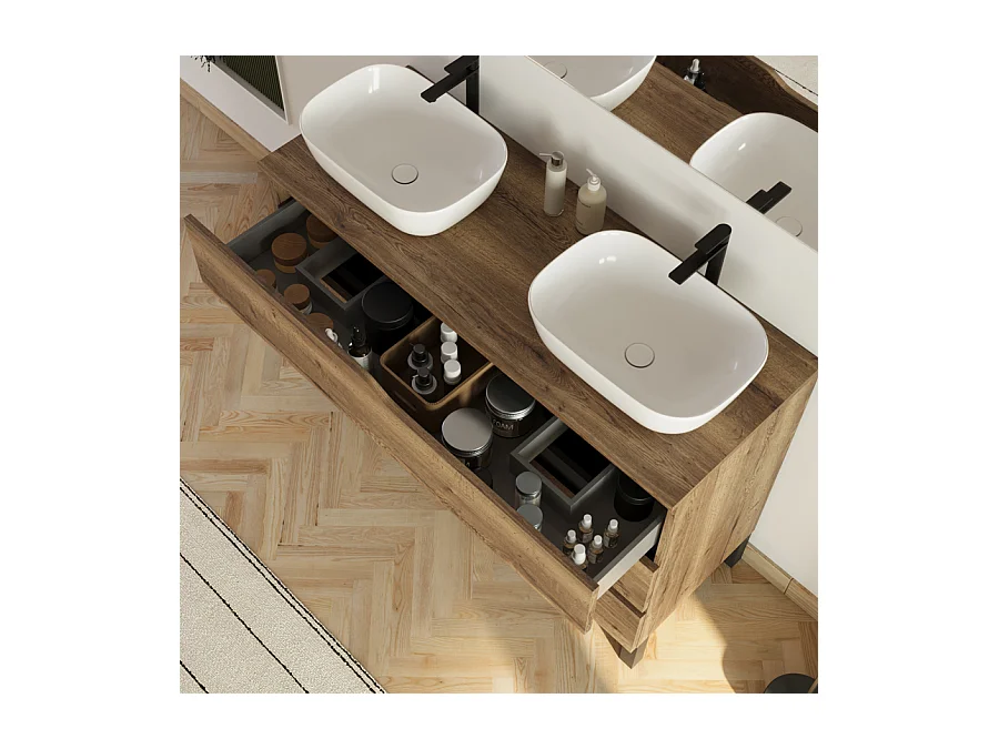 Meuble de salle de bain 120cm avec plateau et 2 vasques à poser Zeus - 3 tiroirs - tabaco (chêne foncé) - MATA
