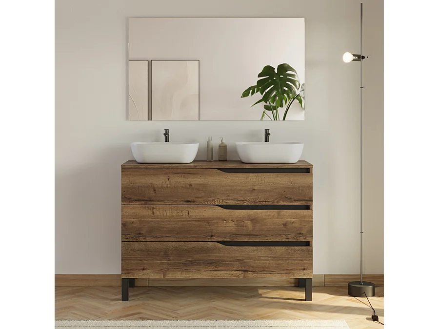 Meuble de salle de bain 120cm avec plateau et 2 vasques à poser Zeus - 3 tiroirs - tabaco (chêne foncé) - MATA