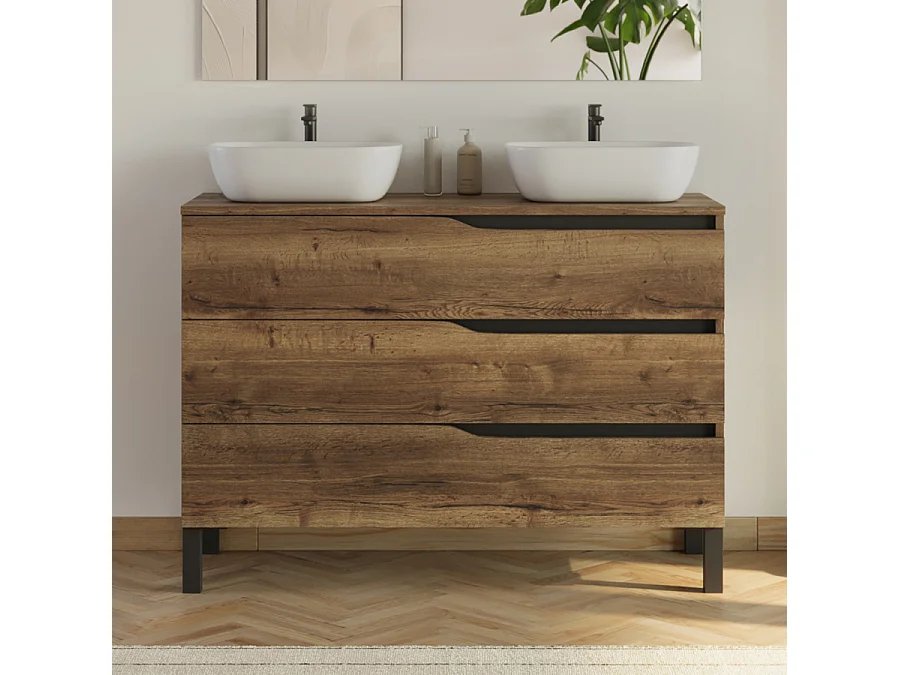 Meuble de salle de bain 120cm avec plateau et 2 vasques à poser Zeus - 3 tiroirs - tabaco (chêne foncé) - MATA