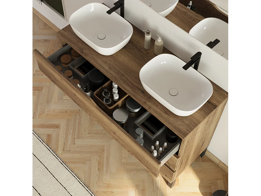 Meuble de salle de bain 120cm avec plateau et 2 vasques à poser Zeus - 3 tiroirs - tabaco (chêne foncé) - MATA