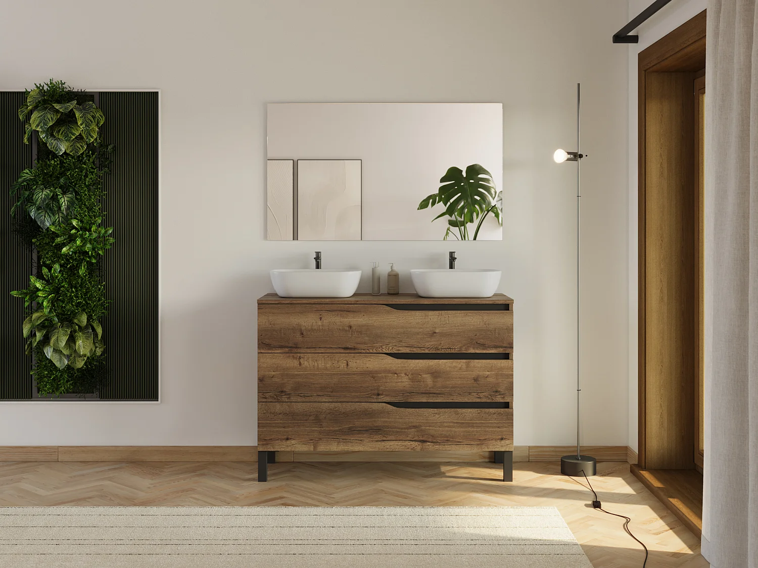 Meuble de salle de bain 120cm avec plateau et 2 vasques à poser Zeus - 3 tiroirs - tabaco (chêne foncé) - MATA