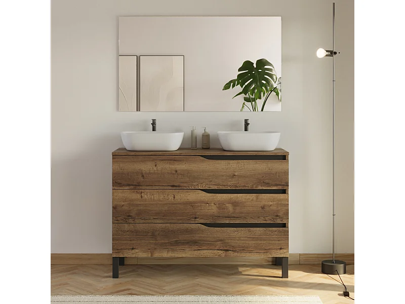 Meuble de salle de bain 120cm avec plateau et 2 vasques à poser Zeus - 3 tiroirs - tabaco (chêne foncé) - MATA