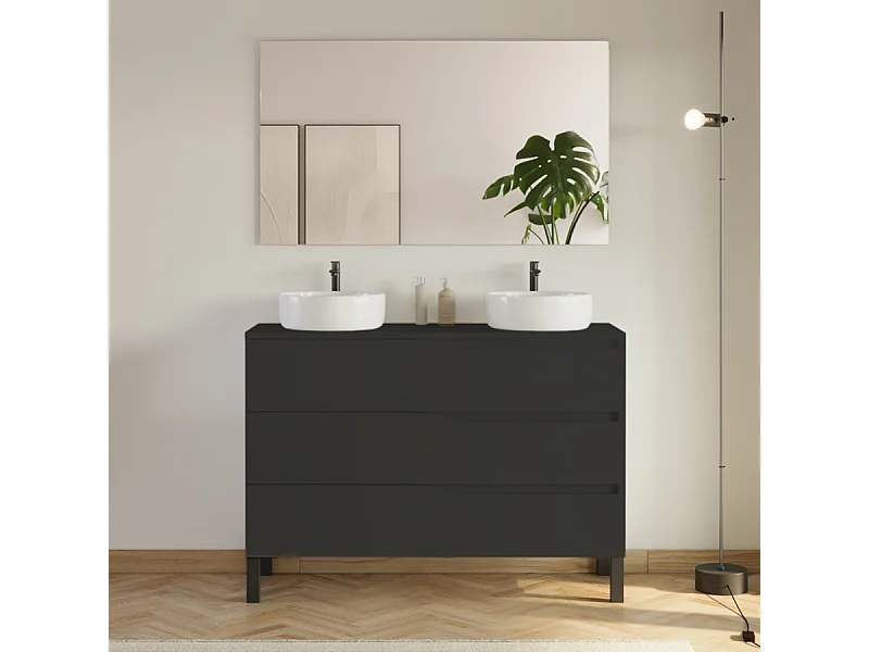 Meuble de salle de bain 120cm avec plateau et 2 vasques à poser Ares - 3 tiroirs - noir - MATA