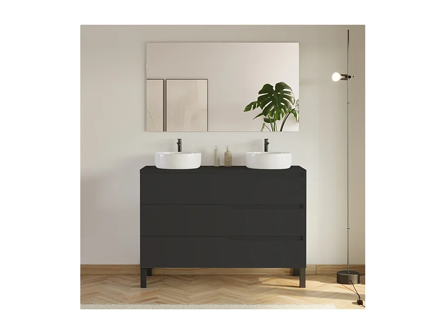 Meuble de salle de bain 120cm avec plateau et 2 vasques à poser Ares - 3 tiroirs - noir - MATA