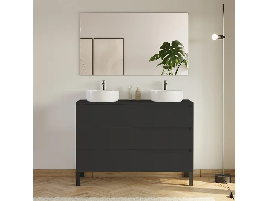 Meuble de salle de bain 120cm avec plateau et 2 vasques à poser Ares - 3 tiroirs - noir - MATA