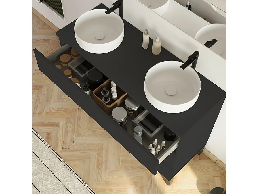 Meuble de salle de bain 120cm avec plateau et 2 vasques à poser Ares - 3 tiroirs - noir - MATA