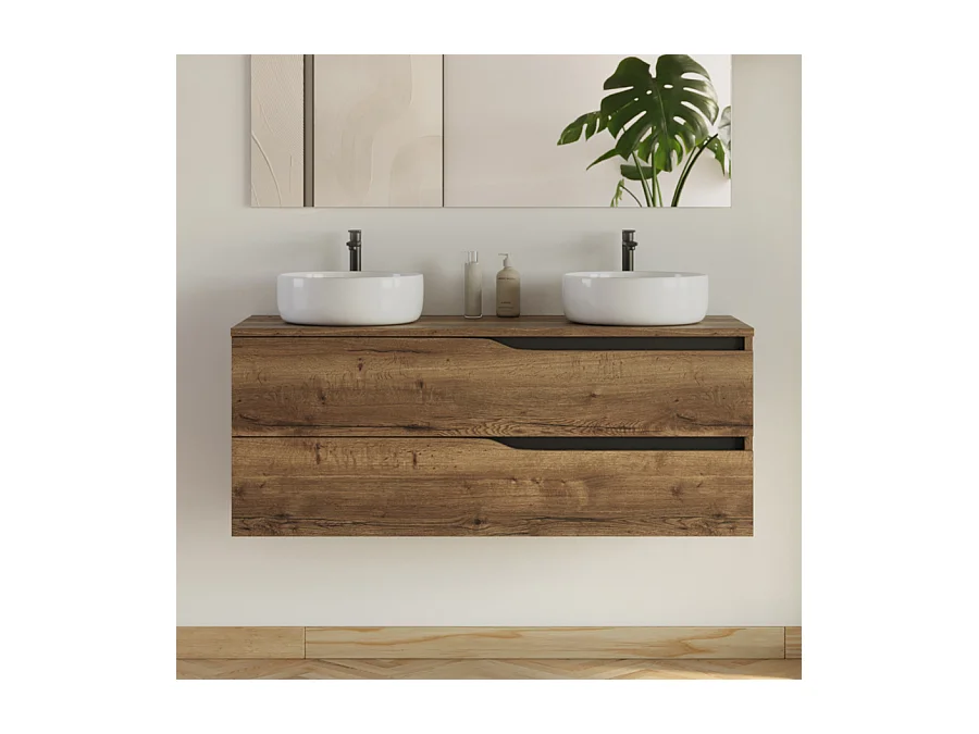 Meuble de salle de bain 120cm avec plateau et 2 vasques à poser Ares - 2 tiroirs - sans miroir - tabaco (chêne foncé) - LUNA