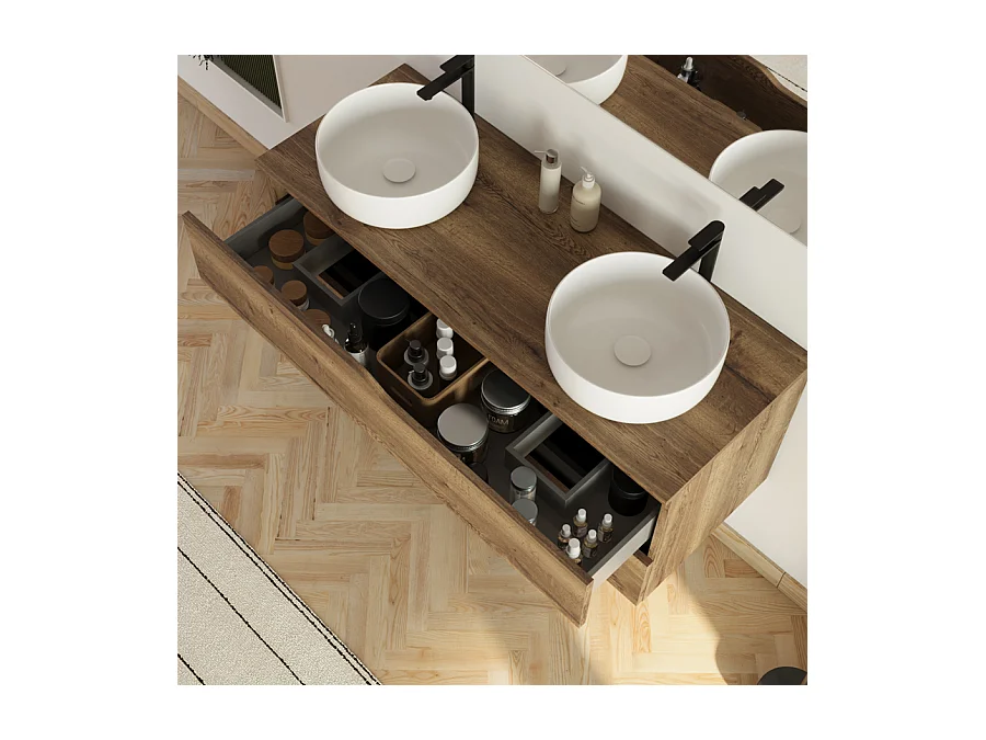Meuble de salle de bain 120cm avec plateau et 2 vasques à poser Ares - 2 tiroirs - sans miroir - tabaco (chêne foncé) - LUNA
