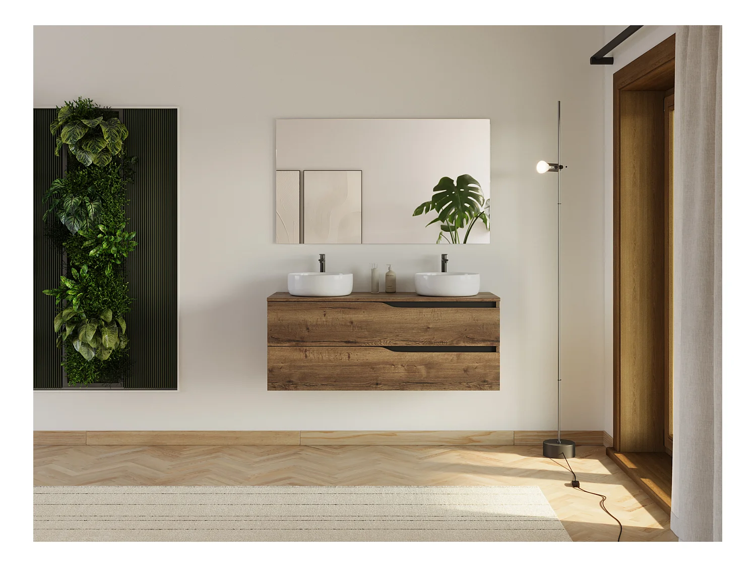 Meuble de salle de bain 120cm avec plateau et 2 vasques à poser Ares - 2 tiroirs - sans miroir - tabaco (chêne foncé) - LUNA