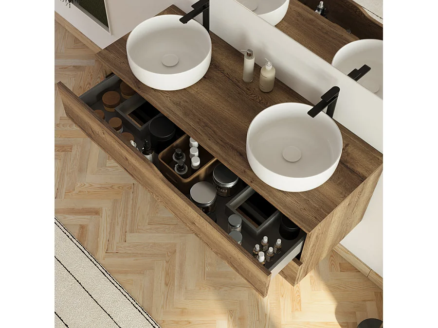 Meuble de salle de bain 120cm avec plateau et 2 vasques à poser Ares - 2 tiroirs - sans miroir - tabaco (chêne foncé) - LUNA