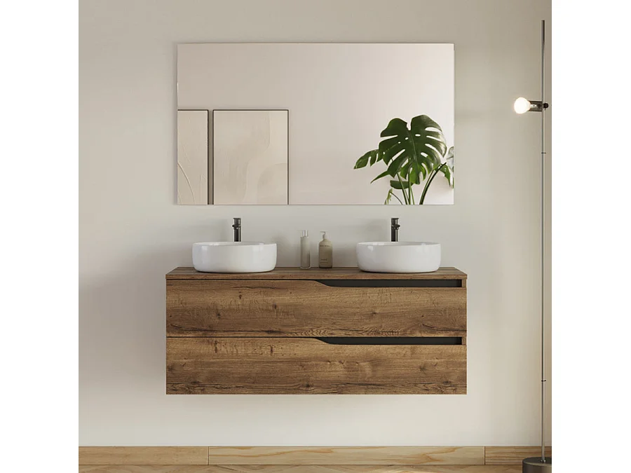 Meuble de salle de bain 120cm avec plateau et 2 vasques à poser Ares - 2 tiroirs - sans miroir - tabaco (chêne foncé) - LUNA