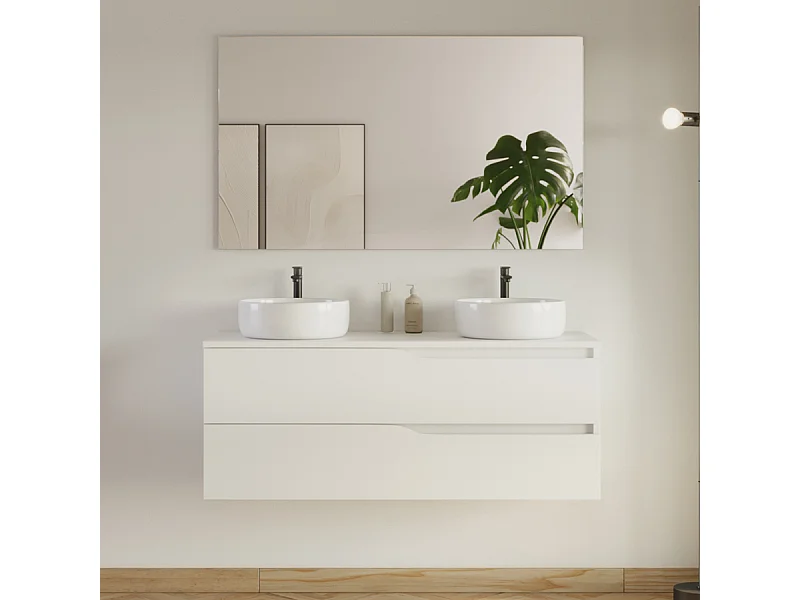 Meuble de salle de bain 120cm avec plateau et 2 vasques à poser Ares - 2 tiroirs - blanc - LUNA