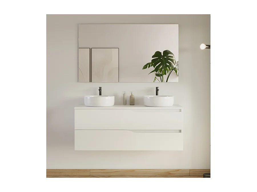 Meuble de salle de bain 120cm avec plateau et 2 vasques à poser Ares - 2 tiroirs - blanc - LUNA