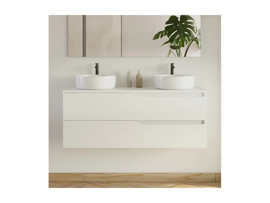 Meuble de salle de bain 120cm avec plateau et 2 vasques à poser Ares - 2 tiroirs - blanc - LUNA