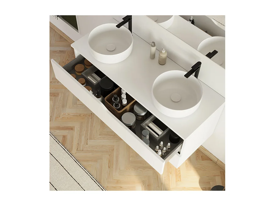 Meuble de salle de bain 120cm avec plateau et 2 vasques à poser Ares - 2 tiroirs - blanc - LUNA