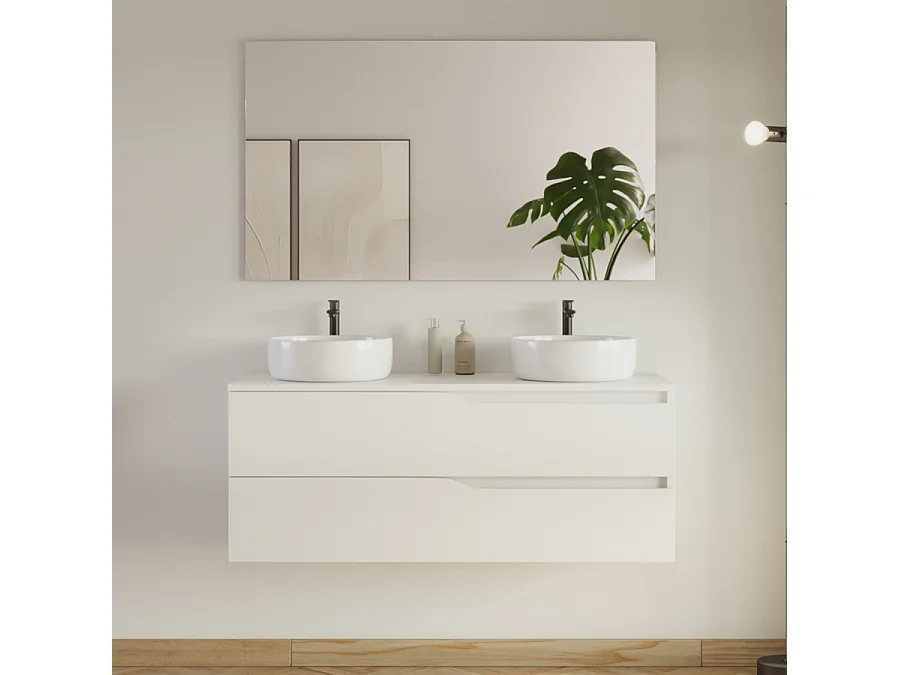 Meuble de salle de bain 120cm avec plateau et 2 vasques à poser Ares - 2 tiroirs - blanc - LUNA