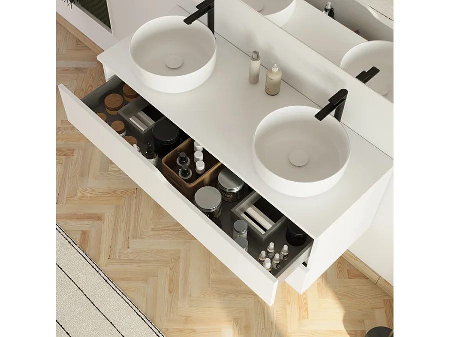 Meuble de salle de bain 120cm avec plateau et 2 vasques à poser Ares - 2 tiroirs - blanc - LUNA