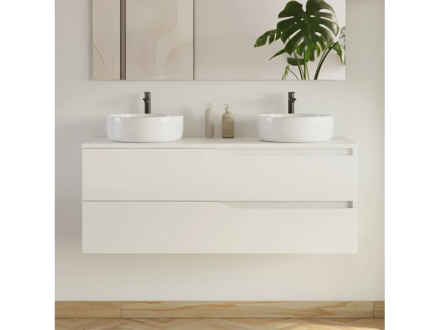 Meuble de salle de bain 120cm avec plateau et 2 vasques à poser Ares - 2 tiroirs - blanc - LUNA