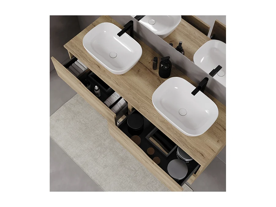 Meuble de salle de bain 120cm avec plateau et deux vasques à poser zeus - 4 tiroirs - sans miroir - madera miel (chêne clair) - LUNA